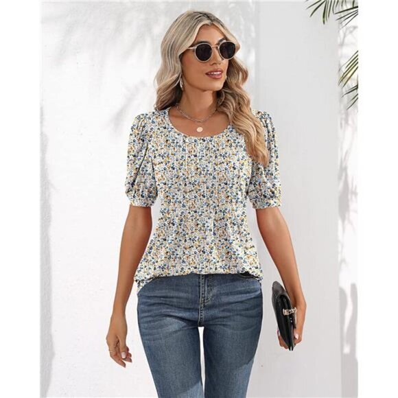 Women's Puff Short Sleeve Tunic Tops Pleated Crew Neck Blouses Casual Loose - Picture 4 of 7